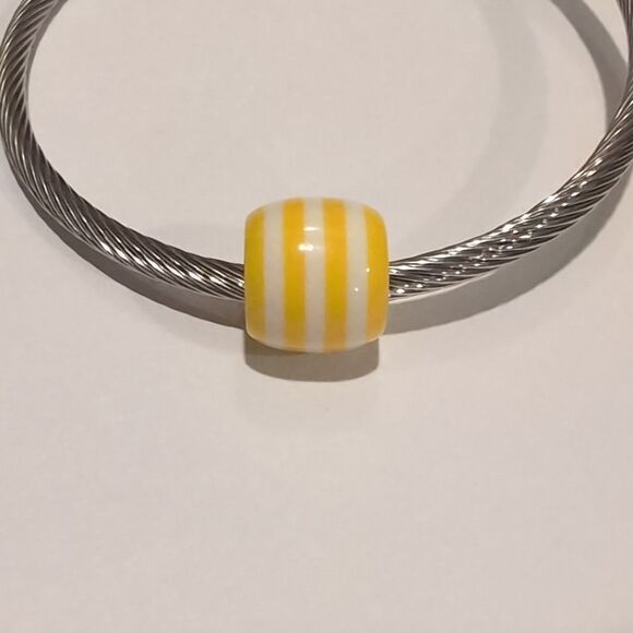 Yellow and White Striped Charm for Pandora Style Bracelet - Picture 1 of 4